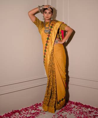 Mustard Hand Blocked Saree Set 3