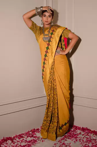 Mustard Hand Blocked Saree Set