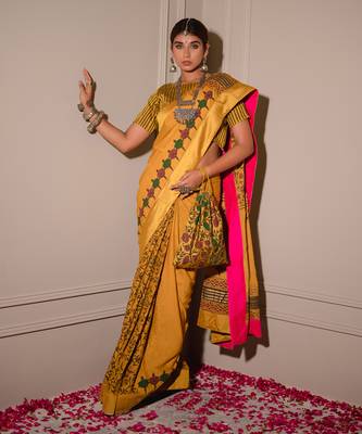 Mustard Hand Blocked Saree Set 1