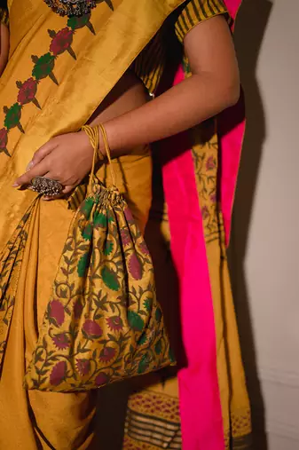 Mustard Hand Blocked Saree Set