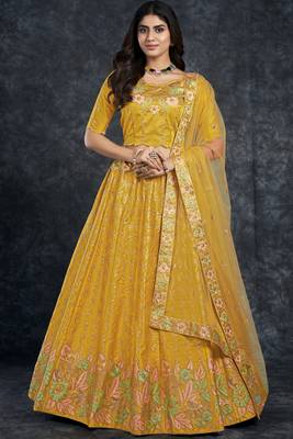 Yellow embroidered art silk semi stitched lehenga 1