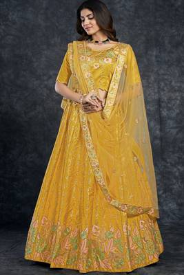 Yellow embroidered art silk semi stitched lehenga 2