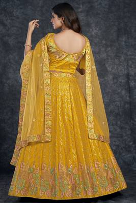 Yellow embroidered art silk semi stitched lehenga 4
