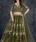 Dark-green embroidered art silk semi stitched lehenga