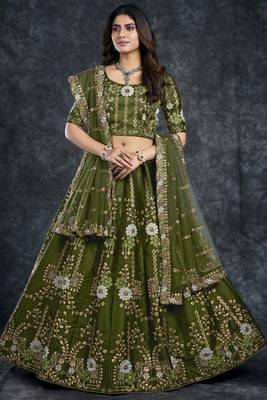Dark-green embroidered art silk semi stitched lehenga 2