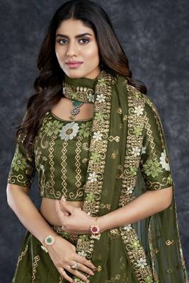 Dark-green embroidered art silk semi stitched lehenga 3