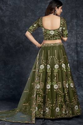 Dark-green embroidered art silk semi stitched lehenga 4
