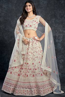 White embroidered art silk semi stitched lehenga 2