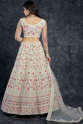 White embroidered art silk semi stitched lehenga 3