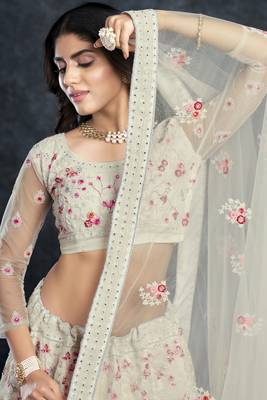 White embroidered art silk semi stitched lehenga 4