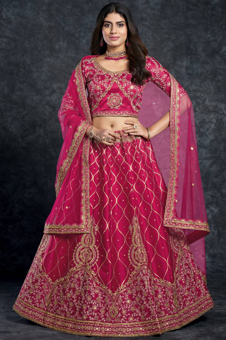 Pink embroidered art silk semi stitched lehenga