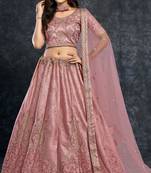 Peach embroidered art silk semi stitched lehenga