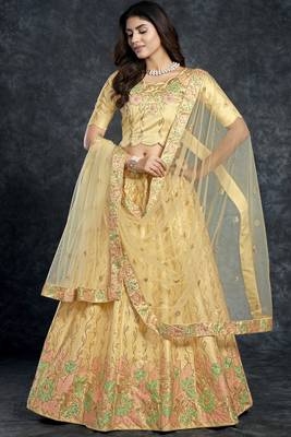 Light-yellow embroidered art silk semi stitched lehenga 1
