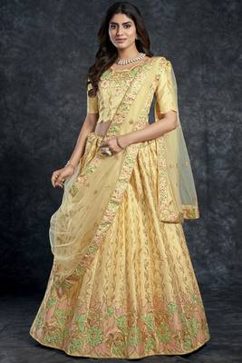 Light-yellow embroidered art silk semi stitched lehenga 2