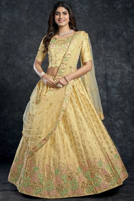 Light-yellow embroidered art silk semi stitched lehenga 3