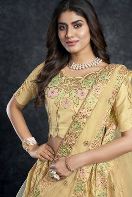 Light-yellow embroidered art silk semi stitched lehenga 4
