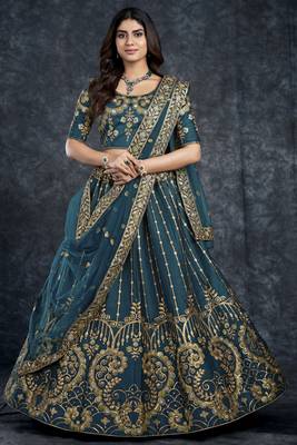 Navy-blue embroidered art silk semi stitched lehenga 1