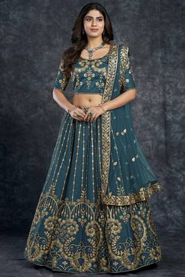 Navy-blue embroidered art silk semi stitched lehenga 2