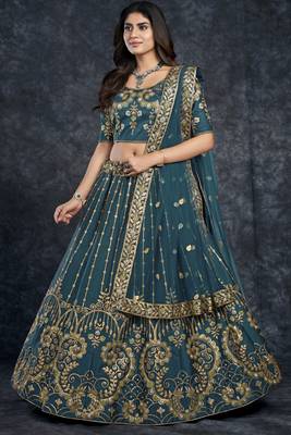 Navy-blue embroidered art silk semi stitched lehenga 3