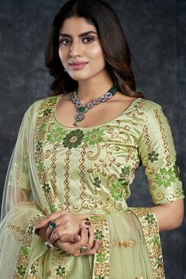 Light-green
 embroidered art silk semi stitched lehenga 4
