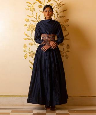 Cowl Neck Anarkali Long Dress With Corset Belt 1