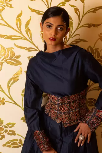 Cowl Neck Anarkali Long Dress With Corset Belt