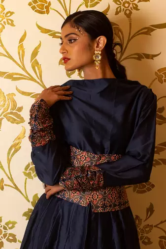 Cowl Neck Anarkali Long Dress With Corset Belt