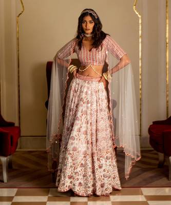 White And Peach Organza Lehenga Set 1
