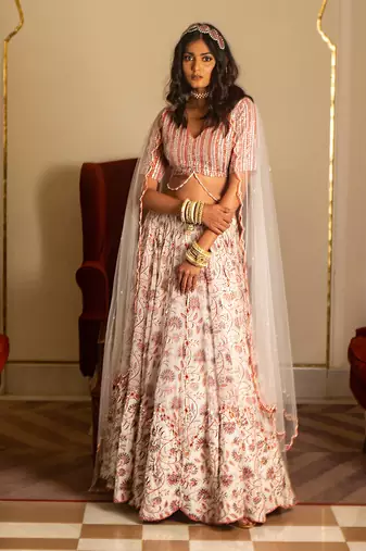 White And Peach Organza Lehenga Set