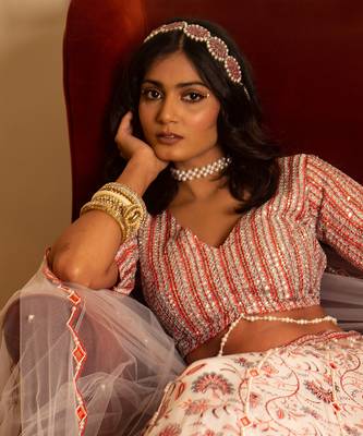 White And Peach Organza Lehenga Set 4