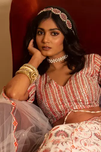 White And Peach Organza Lehenga Set