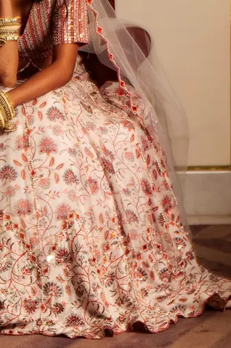 White And Peach Organza Lehenga Set