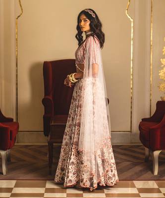 White And Peach Organza Lehenga Set 8