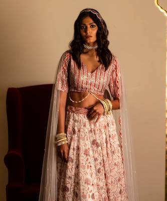 White And Peach Organza Lehenga Set 9