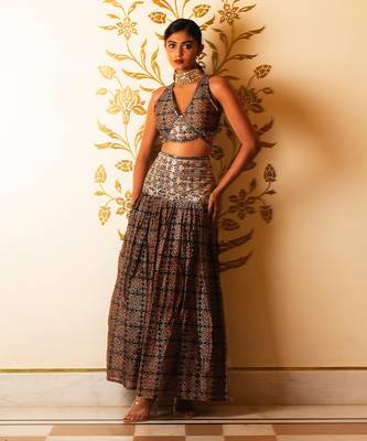 Ajrakh Print Tie-At-Waist Blouse And Skirt Set 1