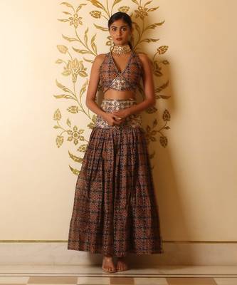 Ajrakh Print Tie-At-Waist Blouse And Skirt Set 2