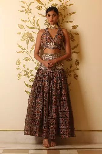 Ajrakh Print Tie-At-Waist Blouse And Skirt Set