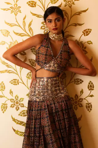 Ajrakh Print Tie-At-Waist Blouse And Skirt Set