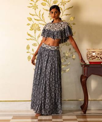 Blue Printed Skirt And Cape Set 1