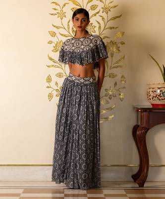 Blue Printed Skirt And Cape Set 2