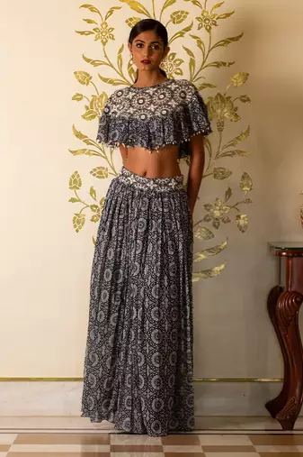 Blue Printed Skirt And Cape Set