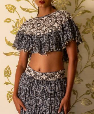 Blue Printed Skirt And Cape Set 4