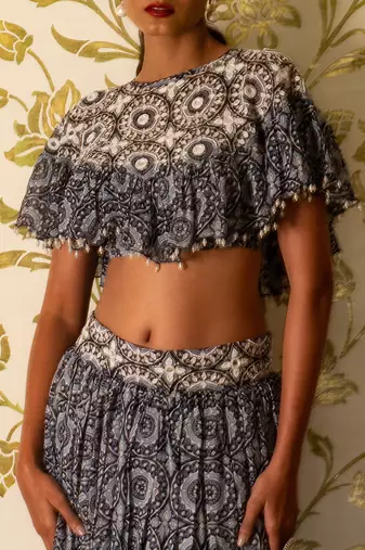 Blue Printed Skirt And Cape Set