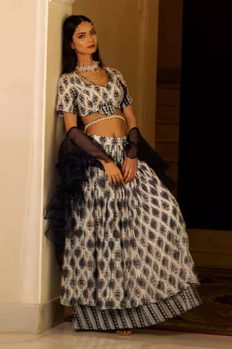 White Printed Tie-At-Waist Blouse And Skirt Set