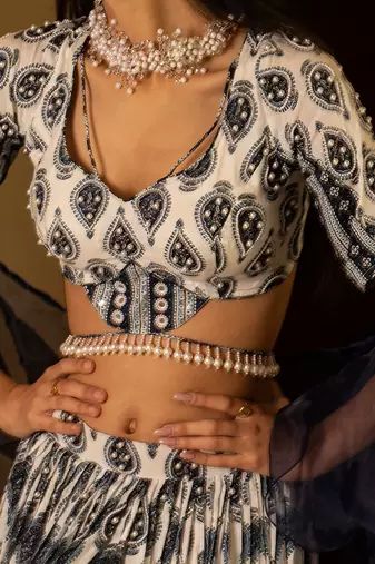 White Printed Tie-At-Waist Blouse And Skirt Set