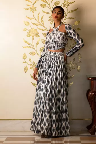 White Printed Tie-Up Corset Blouse And Skirt Set