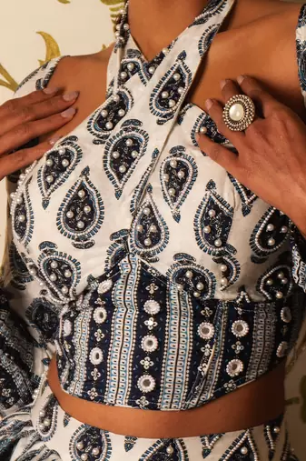 White Printed Tie-Up Corset Blouse And Skirt Set