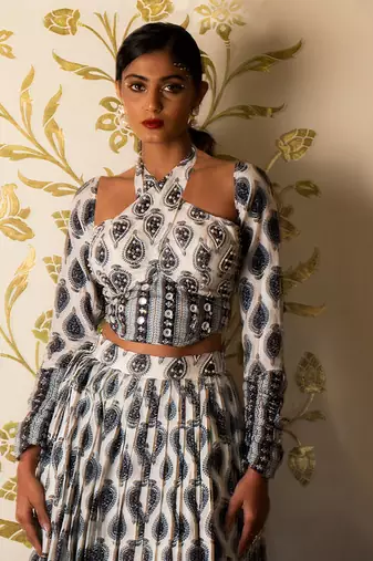 White Printed Tie-Up Corset Blouse And Skirt Set