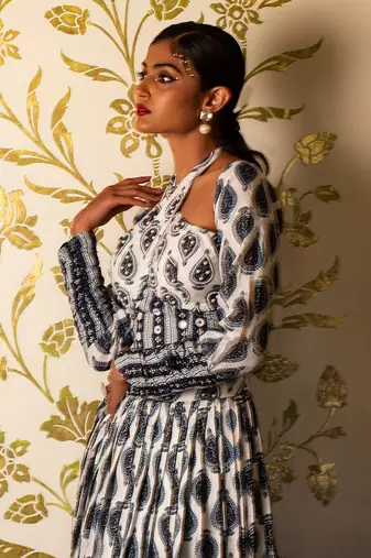 White Printed Tie-Up Corset Blouse And Skirt Set