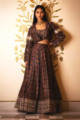 Ajrakh Print Skirt And Coat Set